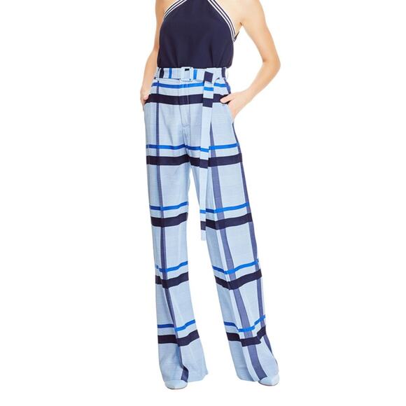 Lela Rose Hi Rise Blue Plaid Wide Leg Pants 6 - Picture 1 of 7